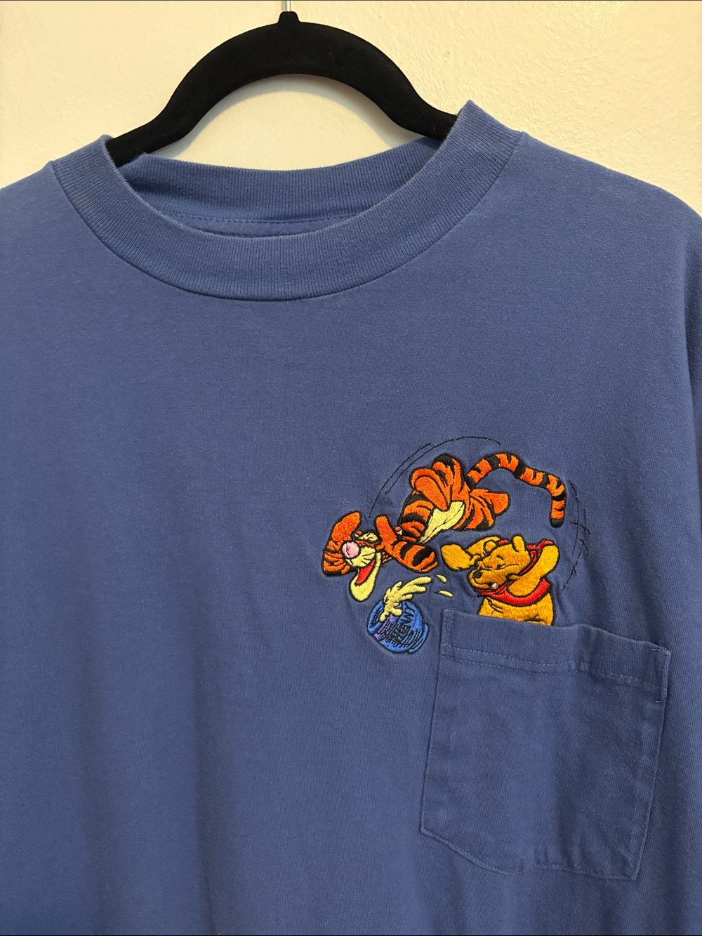 Disney Blue Long Sleeve Pocket Tee with Winnie the Pooh & Tigger Embroidery